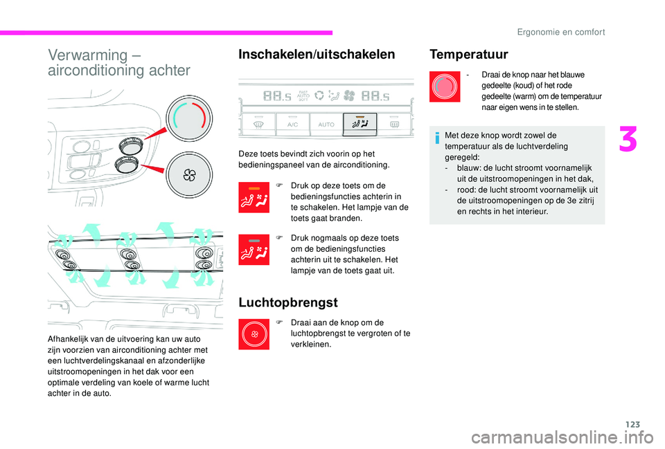 CITROEN JUMPER SPACETOURER 2018  Instructieboekjes (in Dutch) 123
Verwarming – 
airconditioning achter
Afhankelijk van de uitvoering kan uw auto 
zijn voorzien van airconditioning achter met 
een luchtverdelingskanaal en afzonderlijke 
uitstroomopeningen in he