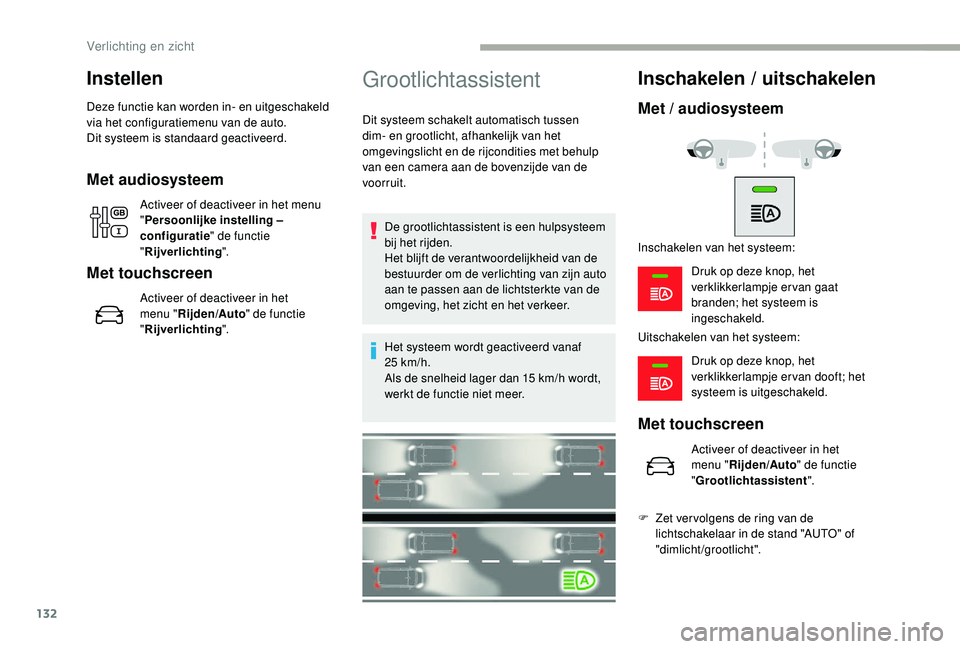 CITROEN JUMPER SPACETOURER 2018  Instructieboekjes (in Dutch) 132
Instellen
Deze functie kan worden in- en uitgeschakeld 
via het configuratiemenu van de auto.
Dit systeem is standaard geactiveerd.
Met audiosysteem
Activeer of deactiveer in het menu 
"Persoo