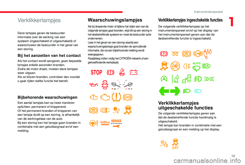 CITROEN JUMPER SPACETOURER 2018  Instructieboekjes (in Dutch) 13
Verklikkerlampjes ingeschakelde functies
De volgende verklikkerlampjes op het 
instrumentenpaneel en/of op het display van 
het instrumentenpaneel geven aan dat de 
desbetreffende functie is ingesc