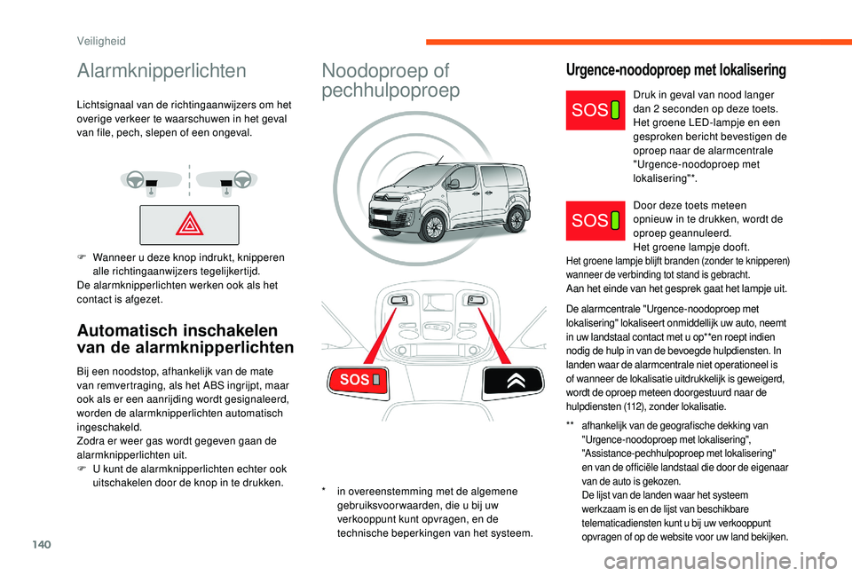 CITROEN JUMPER SPACETOURER 2018  Instructieboekjes (in Dutch) 140
Alarmknipperlichten
Lichtsignaal van de richtingaanwijzers om het 
overige verkeer te waarschuwen in het geval 
van file, pech, slepen of een ongeval.
F 
W
 anneer u deze knop indrukt, knipperen 
