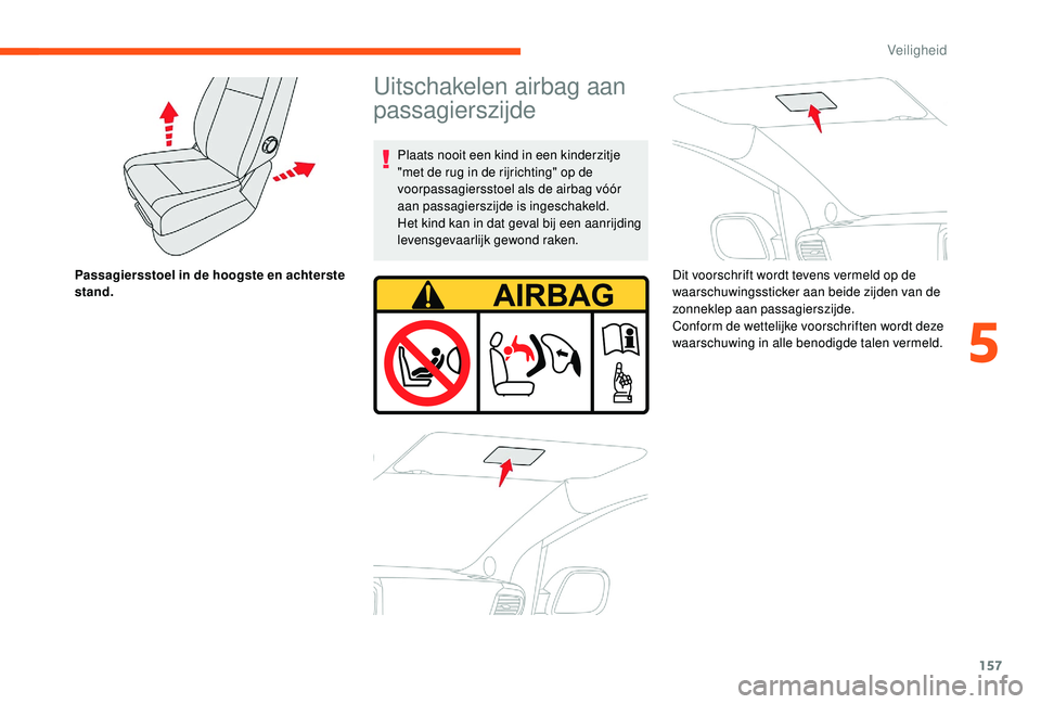 CITROEN JUMPER SPACETOURER 2018  Instructieboekjes (in Dutch) 157
Passagiersstoel in de hoogste en achterste 
stand.
Uitschakelen airbag aan 
passagierszijde
Plaats nooit een kind in een kinderzitje 
"met de rug in de rijrichting" op de 
voorpassagiersst