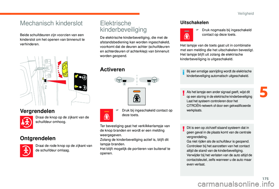 CITROEN JUMPER SPACETOURER 2018  Instructieboekjes (in Dutch) 175
Mechanisch kinderslot
Beide schuifdeuren zijn voorzien van een 
kinderslot om het openen van binnenuit te 
verhinderen.
Elektrische 
kinderbeveiliging
De elektrische kinderbeveiliging, die met de 
