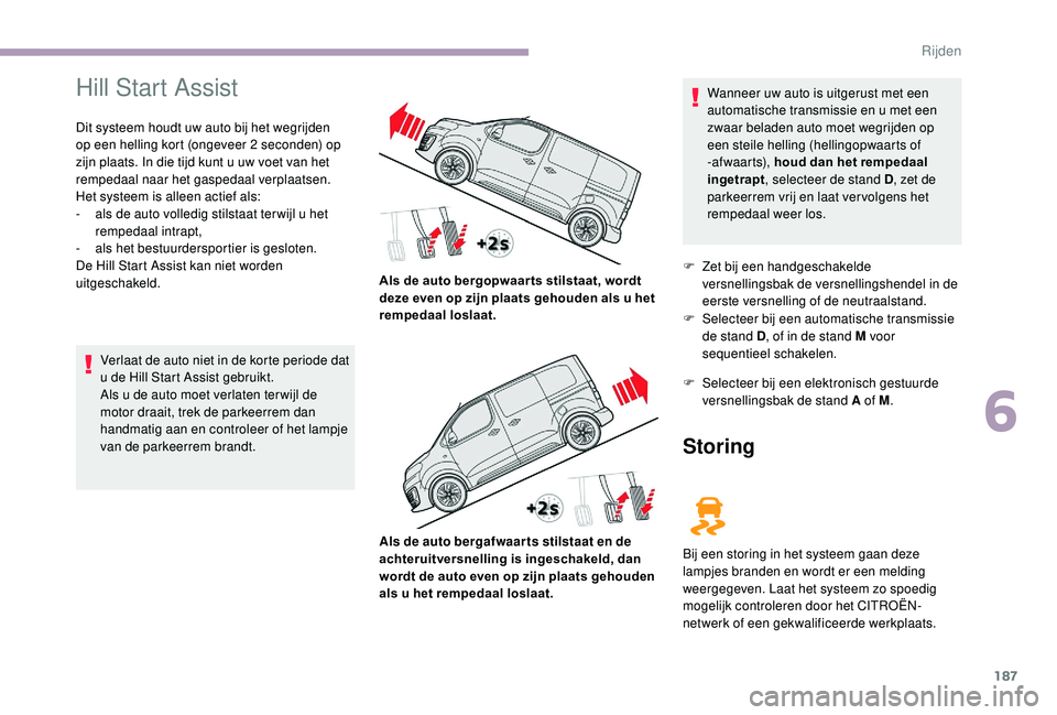 CITROEN JUMPER SPACETOURER 2018  Instructieboekjes (in Dutch) 187
Hill Start Assist
Dit systeem houdt uw auto bij het wegrijden 
op een helling kort (ongeveer 2  seconden) op 
zijn plaats. In die tijd kunt u uw voet van het 
rempedaal naar het gaspedaal verplaat