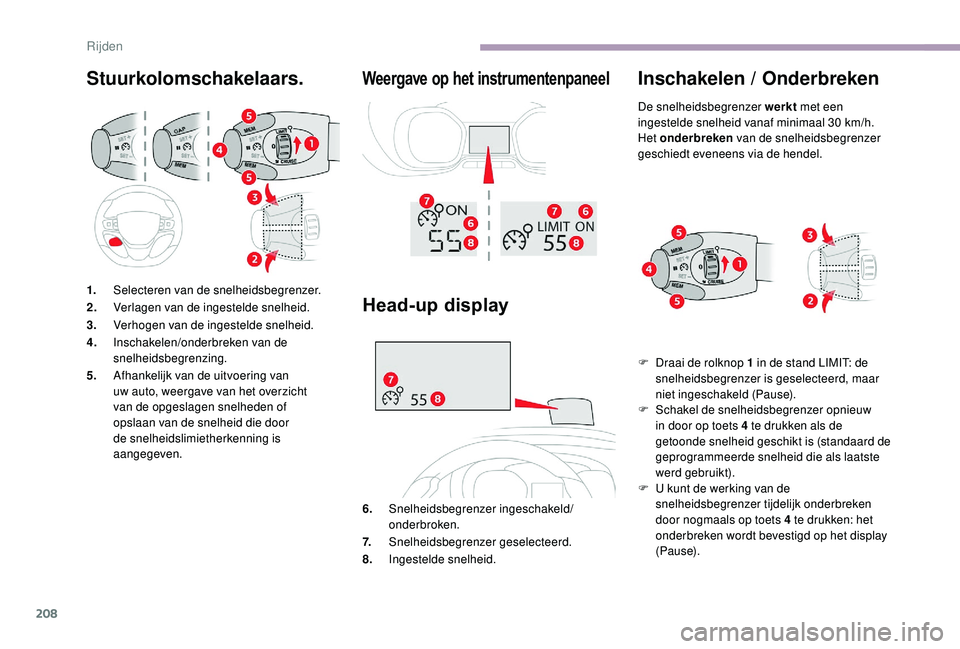 CITROEN JUMPER SPACETOURER 2018  Instructieboekjes (in Dutch) 208
Stuurkolomschakelaars. Weergave op het instrumentenpaneel
1.Selecteren van de snelheidsbegrenzer.
2. Verlagen van de ingestelde snelheid.
3. Verhogen van de ingestelde snelheid.
4. Inschakelen/ond