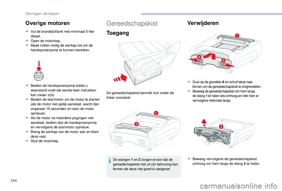 CITROEN JUMPER SPACETOURER 2018  Instructieboekjes (in Dutch) 256
Overige motoren
F Vul de brandstoftank met minimaal 5  liter 
diesel.
F
 
O
 pen de motorkap.
F
 
M
 aak indien nodig de sierkap los om de 
handopvoerpomp te kunnen bereiken.
F
 
B
 edien de hando
