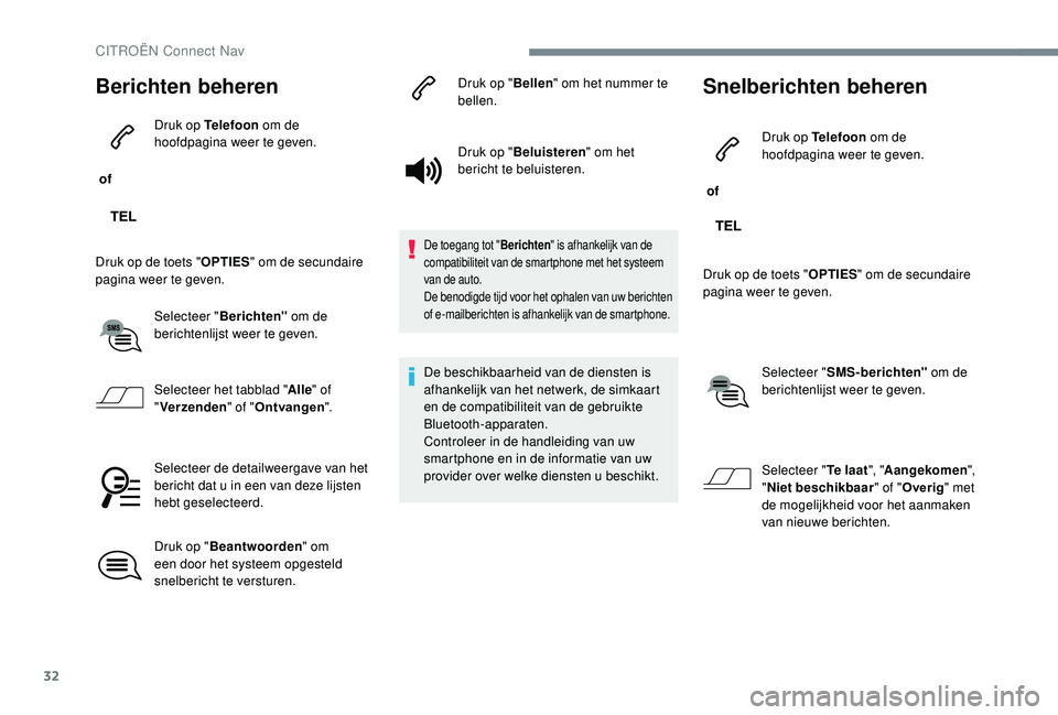 CITROEN JUMPER SPACETOURER 2018  Instructieboekjes (in Dutch) 32
Berichten beheren
 of Druk op Telefoon
 om de 
hoofdpagina weer te geven.
Druk op de toets " OPTIES" om de secundaire 
pagina weer te geven.
Selecteer " Berichten"  om de 
berichten