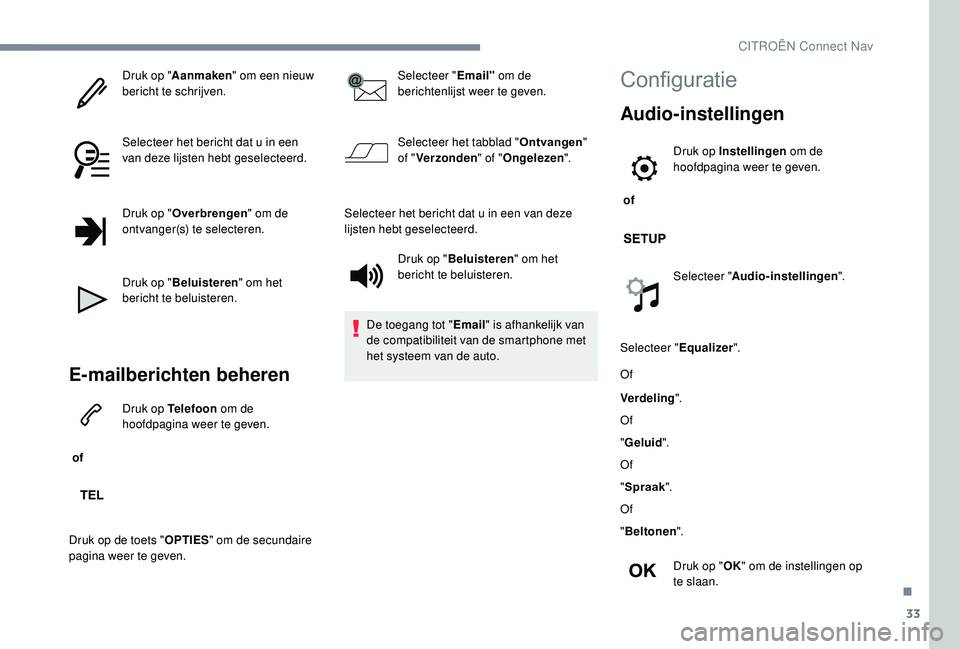 CITROEN JUMPER SPACETOURER 2018  Instructieboekjes (in Dutch) 33
Druk op "Aanmaken " om een nieuw 
bericht te schrijven.
Selecteer het bericht dat u in een 
van deze lijsten hebt geselecteerd.
Druk op " Overbrengen " om de 
ontvanger(s) te select