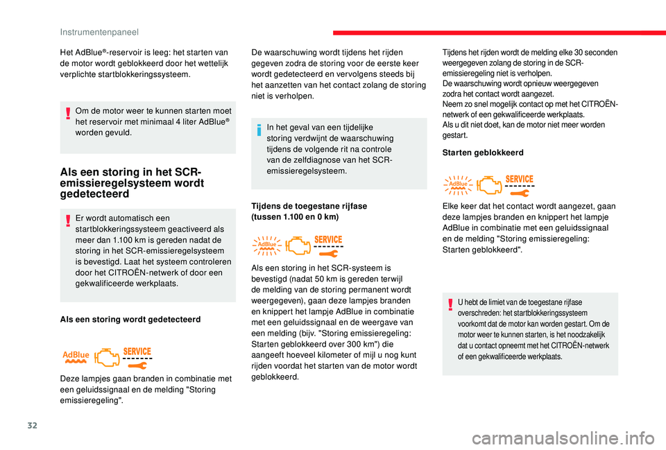 CITROEN JUMPER SPACETOURER 2018  Instructieboekjes (in Dutch) 32
Het AdBlue®-reser voir is leeg: het starten van 
de motor wordt geblokkeerd door het wettelijk 
verplichte startblokkeringssysteem.
Om de motor weer te kunnen starten moet 
het reser voir met mini