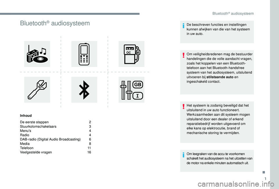 CITROEN JUMPER SPACETOURER 2018 Instructieboekjes (in Dutch) 1
Bluetooth® audiosysteem
Inhoud
De eerste stappen
2
St
uurkolomschakelaars
3
M
enu's
4
R
adio
4
D
AB-radio (Digital Audio Broadcasting)
6
M
edia
8
T
elefoon
1
1
Veelge CITROEN JUMPER SPACETOURER 2018 Instructieboekjes (in Dutch) 1
Bluetooth® audiosysteem
Inhoud
De eerste stappen
2
St
uurkolomschakelaars
3
M
enu's
4
R
adio
4
D
AB-radio (Digital Audio Broadcasting)
6
M
edia
8
T
elefoon
1
1
Veelge