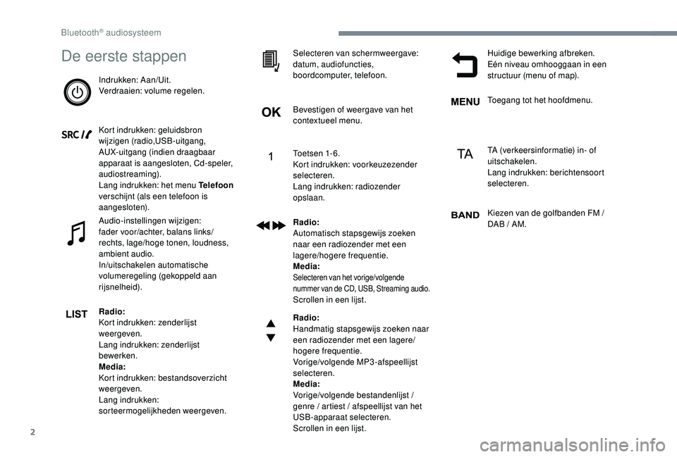 CITROEN JUMPER SPACETOURER 2018  Instructieboekjes (in Dutch) 2
De eerste stappen
Indrukken: Aan/Uit.
Verdraaien: volume regelen.
Kort indrukken: geluidsbron 
wijzigen (radio,USB-uitgang, 
AUX-uitgang (indien draagbaar 
apparaat is aangesloten, Cd-speler, 
audio