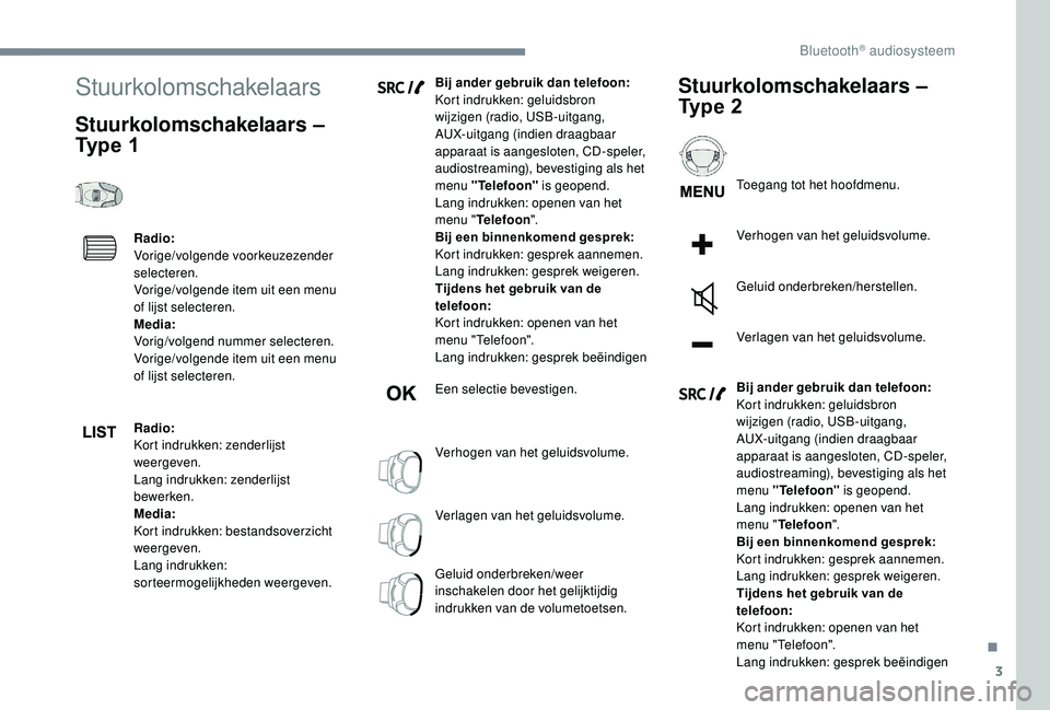 CITROEN JUMPER SPACETOURER 2018  Instructieboekjes (in Dutch) 3
Stuurkolomschakelaars
Stuurkolomschakelaars – 
Ty p e   1
Radio:
Vorige/volgende voorkeuzezender 
selecteren.
Vorige/volgende item uit een menu 
of lijst selecteren.
Media:
Vorig/volgend nummer se