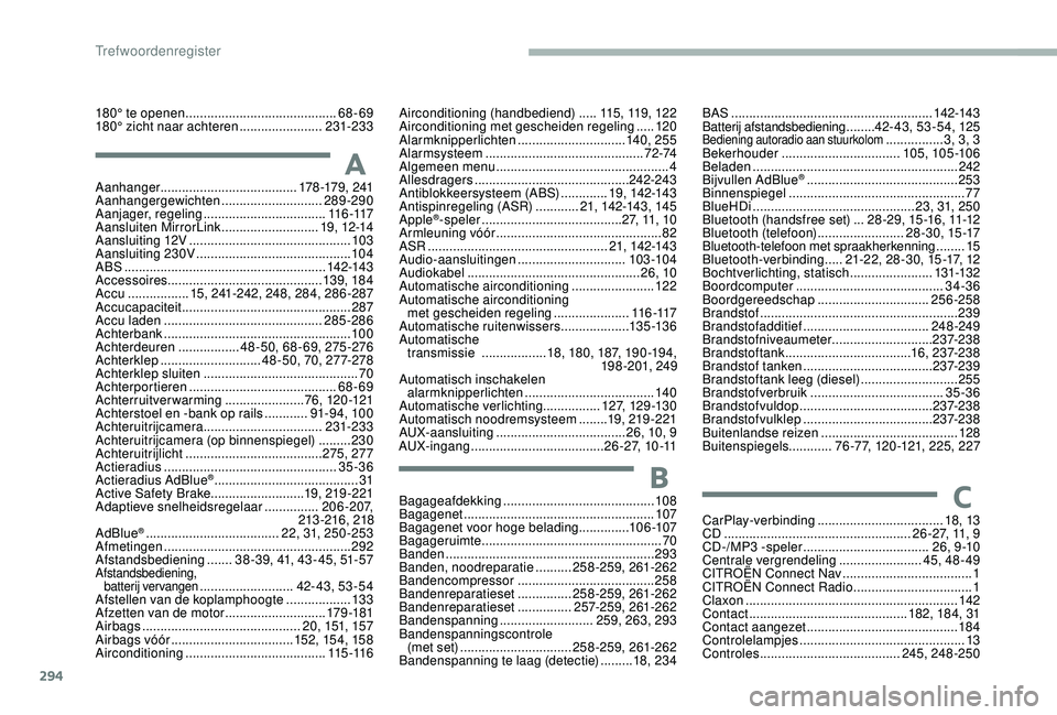 CITROEN JUMPER SPACETOURER 2018  Instructieboekjes (in Dutch) 294
180° te openen ..........................................6 8-69
180° zicht naar achteren   .......................231-233
Aanhanger ...................................... 178 -179, 241
Aanhanger