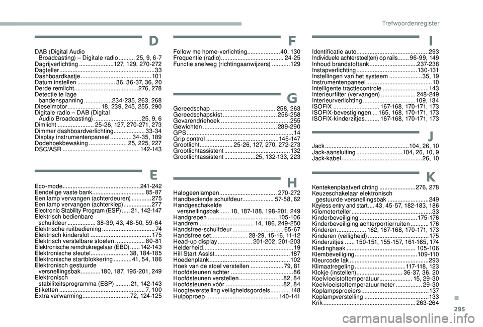 CITROEN JUMPER SPACETOURER 2018  Instructieboekjes (in Dutch) 295
Eco-mode ............................................... 241-242
Eendelige vaste bank   ................................85 - 87
Een lamp vervangen (achterdeuren)
 

............275
Een lamp vervan