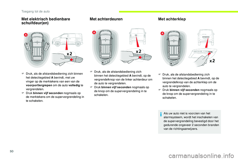 CITROEN JUMPER SPACETOURER 2018 Instructieboekjes (in Dutch) 50
Met elektrisch bedienbare
schuifdeur(en)
F Druk, als de afstandsbediening zich binnen het detectiegebied A bevindt, met uw
vinger op de merktekens van een van de
voorportiergrepen om de auto vo CITROEN JUMPER SPACETOURER 2018 Instructieboekjes (in Dutch) 50
Met elektrisch bedienbare
schuifdeur(en)
F Druk, als de afstandsbediening zich binnen het detectiegebied A bevindt, met uw
vinger op de merktekens van een van de
voorportiergrepen om de auto vo