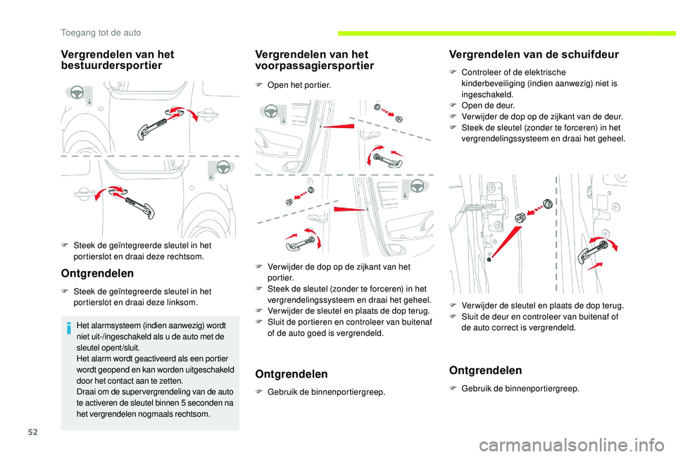 CITROEN JUMPER SPACETOURER 2018  Instructieboekjes (in Dutch) 52
Vergrendelen van het 
bestuurdersportier
F Steek de geïntegreerde sleutel in het portierslot en draai deze rechtsom.
Ontgrendelen
F Steek de geïntegreerde sleutel in het portierslot en draai deze