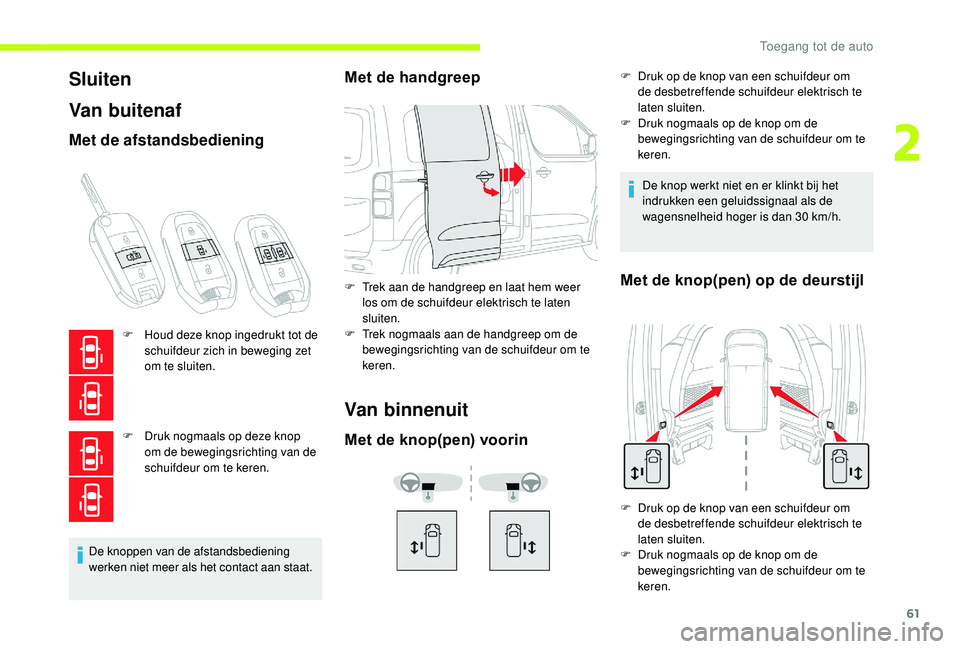 CITROEN JUMPER SPACETOURER 2018  Instructieboekjes (in Dutch) 61
Sluiten
Van buitenaf
Met de afstandsbediening
F Houd deze knop ingedrukt tot de schuifdeur zich in beweging zet 
om te sluiten.
F
 
D
 ruk nogmaals op deze knop 
om de bewegingsrichting van de 
sch