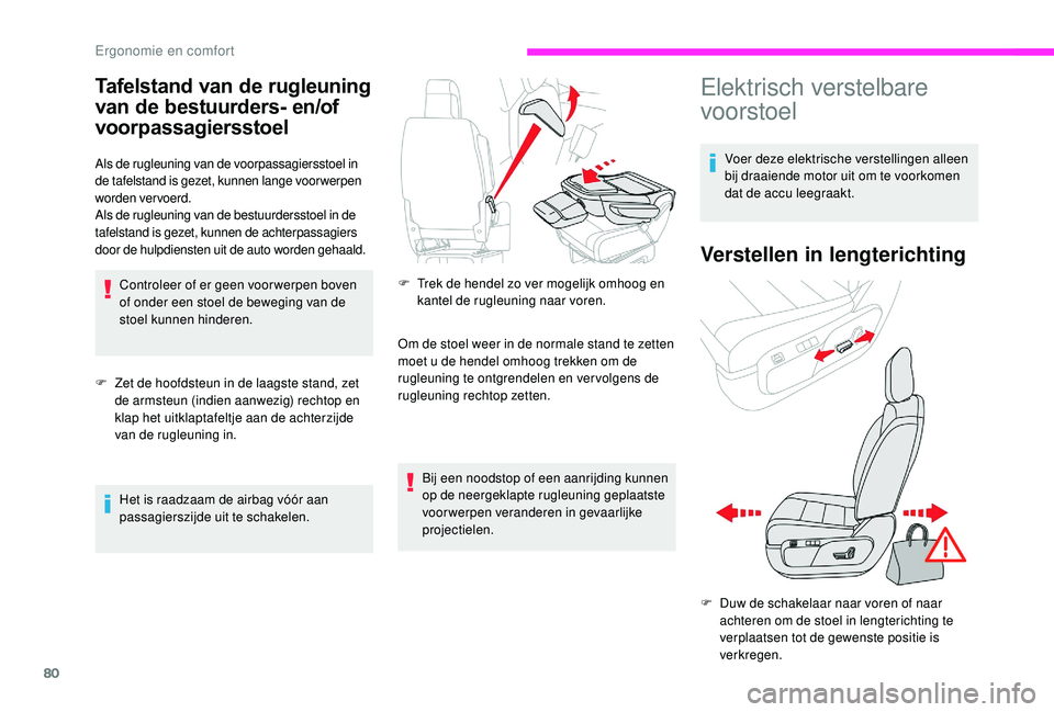 CITROEN JUMPER SPACETOURER 2018  Instructieboekjes (in Dutch) 80
Tafelstand van de rugleuning 
van de bestuurders- en/of 
voorpassagiersstoel
Als de rugleuning van de voorpassagiersstoel in 
de tafelstand is gezet, kunnen lange voor werpen 
worden vervoerd.
Als 