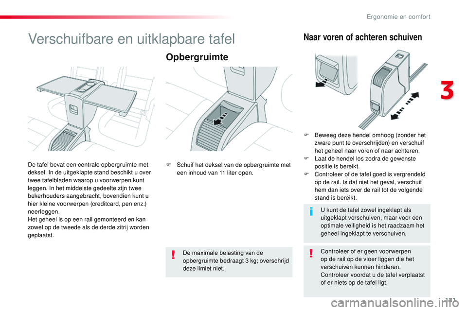 CITROEN JUMPER SPACETOURER 2017 Instructieboekjes (in Dutch) 121
Spacetourer-VP_nl_Chap03_ergonomie-et-confort_ed01-2016
Verschuifbare en uitklapbare tafel
Opbergruimte
Controleer of er geen voor werpen
op de rail op de vloer liggen die het
verschuiven kunnen CITROEN JUMPER SPACETOURER 2017 Instructieboekjes (in Dutch) 121
Spacetourer-VP_nl_Chap03_ergonomie-et-confort_ed01-2016
Verschuifbare en uitklapbare tafel
Opbergruimte
Controleer of er geen voor werpen
op de rail op de vloer liggen die het
verschuiven kunnen