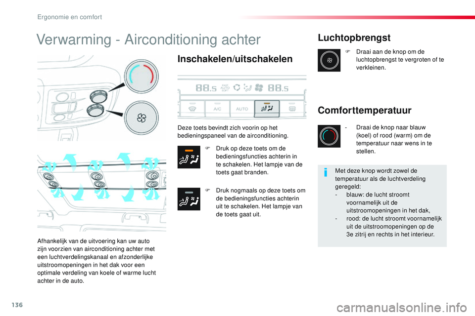 CITROEN JUMPER SPACETOURER 2017  Instructieboekjes (in Dutch) 136
Spacetourer-VP_nl_Chap03_ergonomie-et-confort_ed01-2016
Verwarming - Airconditioning achter
Inschakelen/uitschakelen
F Druk op deze toets om de bedieningsfuncties achterin in 
te schakelen. Het la