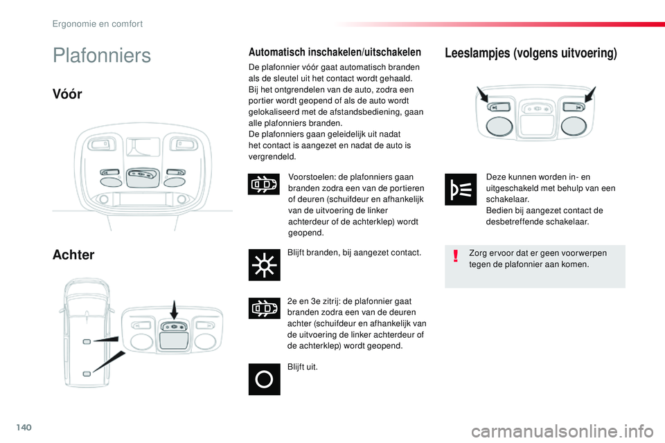 CITROEN JUMPER SPACETOURER 2017 Instructieboekjes (in Dutch) 140
Spacetourer-VP_nl_Chap03_ergonomie-et-confort_ed01-2016
Leeslampjes (volgens uitvoering)
Achter
PlafonniersAutomatisch inschakelen/uitschakelen
De plafonnier vóór gaat automatisch branden
als d CITROEN JUMPER SPACETOURER 2017 Instructieboekjes (in Dutch) 140
Spacetourer-VP_nl_Chap03_ergonomie-et-confort_ed01-2016
Leeslampjes (volgens uitvoering)
Achter
PlafonniersAutomatisch inschakelen/uitschakelen
De plafonnier vóór gaat automatisch branden
als d