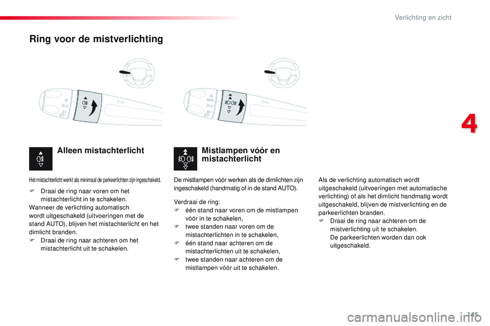 CITROEN JUMPER SPACETOURER 2017 Instructieboekjes (in Dutch) 145
Spacetourer-VP_nl_Chap04_eclairage-et-visibilite_ed01-2016
Ring voor de mistverlichting
Mistlampen vóór en
mistachterlicht
Alleen mistachterlicht
F Draai de ring naar voren om het
mistachterli CITROEN JUMPER SPACETOURER 2017 Instructieboekjes (in Dutch) 145
Spacetourer-VP_nl_Chap04_eclairage-et-visibilite_ed01-2016
Ring voor de mistverlichting
Mistlampen vóór en
mistachterlicht
Alleen mistachterlicht
F Draai de ring naar voren om het
mistachterli