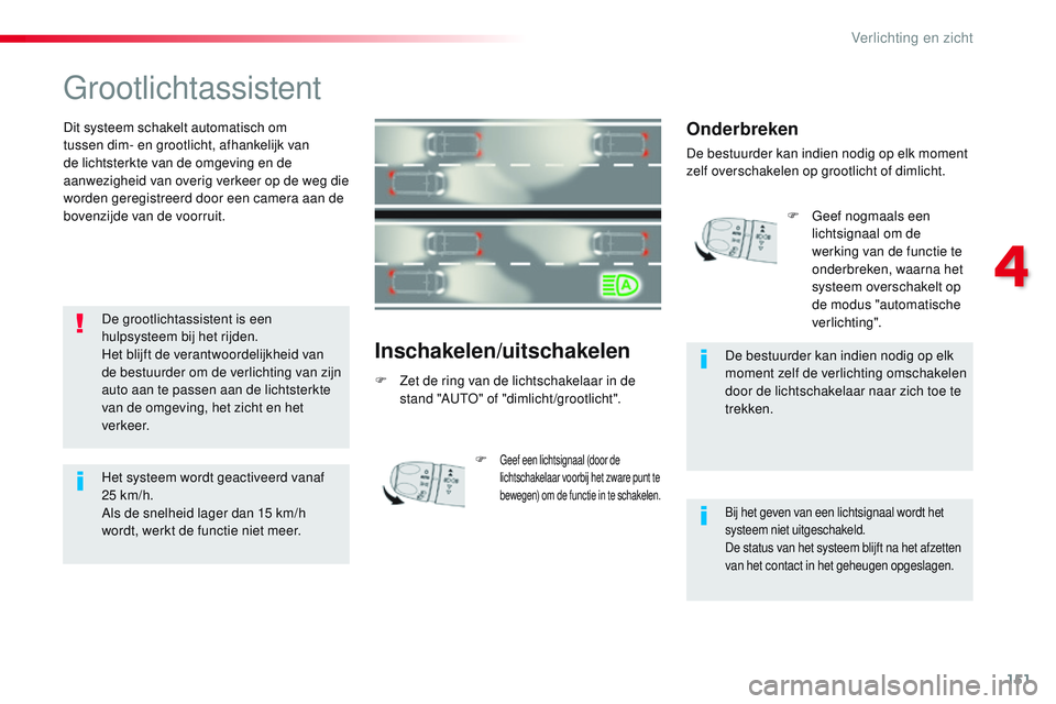 CITROEN JUMPER SPACETOURER 2017 Instructieboekjes (in Dutch) 151
Spacetourer-VP_nl_Chap04_eclairage-et-visibilite_ed01-2016
Grootlichtassistent
Dit systeem schakelt automatisch om
tussen dim- en grootlicht, afhankelijk van
de lichtsterkte van de omgeving en d CITROEN JUMPER SPACETOURER 2017 Instructieboekjes (in Dutch) 151
Spacetourer-VP_nl_Chap04_eclairage-et-visibilite_ed01-2016
Grootlichtassistent
Dit systeem schakelt automatisch om
tussen dim- en grootlicht, afhankelijk van
de lichtsterkte van de omgeving en d