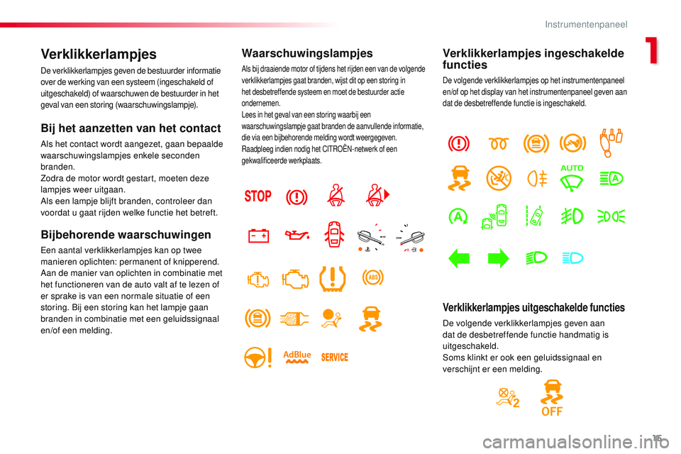 CITROEN JUMPER SPACETOURER 2017  Instructieboekjes (in Dutch) 15
Spacetourer-VP_nl_Chap01_instruments-de-bord_ed01-2016
Verklikkerlampjes
De verklikkerlampjes geven de bestuurder informatie 
over de werking van een systeem (ingeschakeld of 
uitgeschakeld) of waa