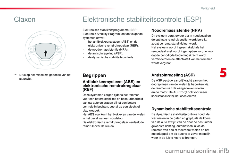 CITROEN JUMPER SPACETOURER 2017 Instructieboekjes (in Dutch) 159
Spacetourer-VP_nl_Chap05_securite_ed01-2016
Elektronisch stabiliteitsprogramma (ESP:
Electronic Stability Program) dat de volgende
systemen omvat:
-
h
et antiblokkeersysteem (ABS) en de
elekt CITROEN JUMPER SPACETOURER 2017 Instructieboekjes (in Dutch) 159
Spacetourer-VP_nl_Chap05_securite_ed01-2016
Elektronisch stabiliteitsprogramma (ESP:
Electronic Stability Program) dat de volgende
systemen omvat:
-
h
et antiblokkeersysteem (ABS) en de
elekt