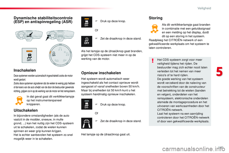 CITROEN JUMPER SPACETOURER 2017 Instructieboekjes (in Dutch) 161
Spacetourer-VP_nl_Chap05_securite_ed01-2016
Dynamische stabiliteitscontrole
(ESP) en antispinregeling (ASR)
Inschakelen
Deze systemen worden automatisch ingeschakeld zodra de motor
wordt gestart CITROEN JUMPER SPACETOURER 2017 Instructieboekjes (in Dutch) 161
Spacetourer-VP_nl_Chap05_securite_ed01-2016
Dynamische stabiliteitscontrole
(ESP) en antispinregeling (ASR)
Inschakelen
Deze systemen worden automatisch ingeschakeld zodra de motor
wordt gestart