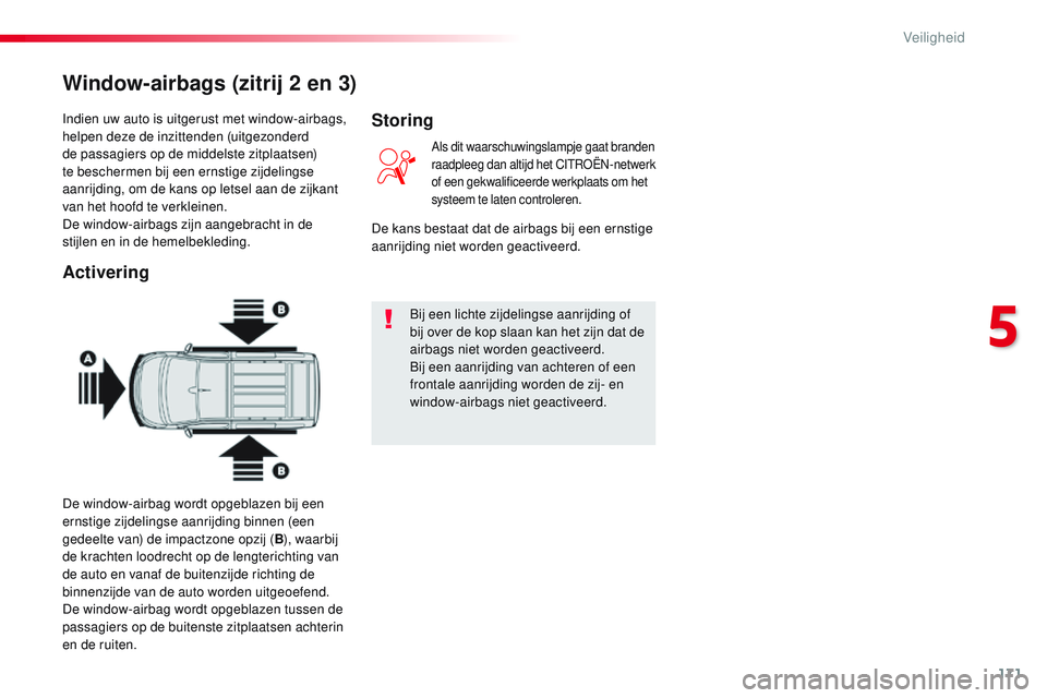 CITROEN JUMPER SPACETOURER 2017 Instructieboekjes (in Dutch) 171
Spacetourer-VP_nl_Chap05_securite_ed01-2016
Indien uw auto is uitgerust met window-airbags,
helpen deze de inzittenden (uitgezonderd
de passagiers op de middelste zitplaatsen)
te beschermen bij CITROEN JUMPER SPACETOURER 2017 Instructieboekjes (in Dutch) 171
Spacetourer-VP_nl_Chap05_securite_ed01-2016
Indien uw auto is uitgerust met window-airbags,
helpen deze de inzittenden (uitgezonderd
de passagiers op de middelste zitplaatsen)
te beschermen bij