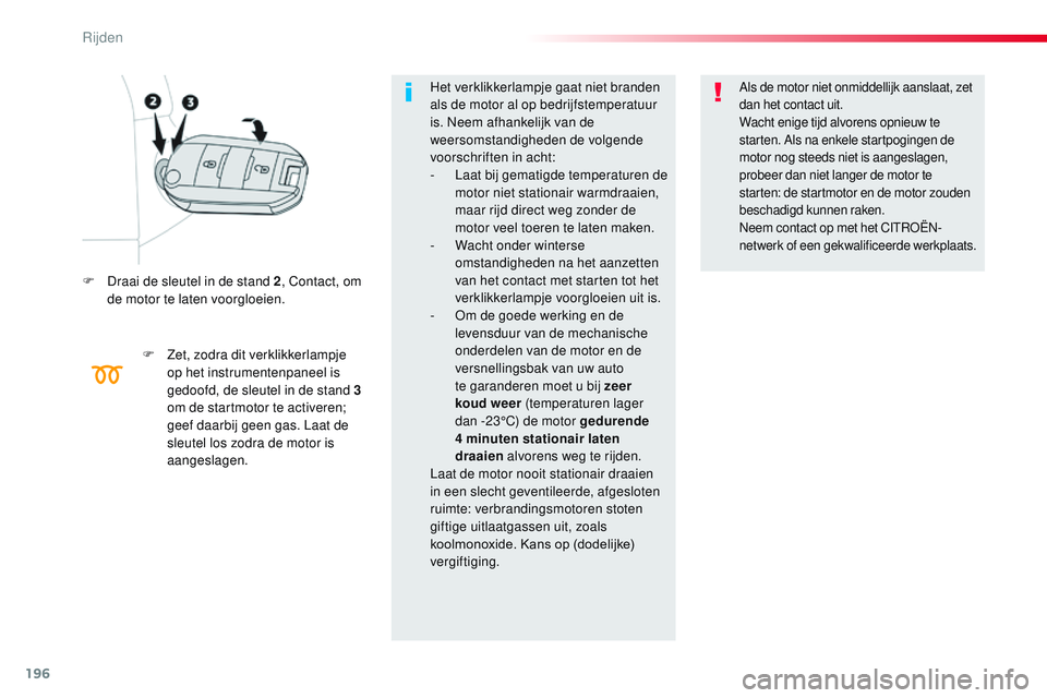 CITROEN JUMPER SPACETOURER 2017  Instructieboekjes (in Dutch) 196
Spacetourer-VP_nl_Chap06_conduite_ed01-2016
F Draai de sleutel in de stand 2, Contact, om 
de motor te laten voorgloeien.
F
 
Z
 et, zodra dit verklikkerlampje 
op het instrumentenpaneel is 
gedoo