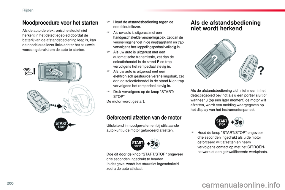 CITROEN JUMPER SPACETOURER 2017  Instructieboekjes (in Dutch) 200
Spacetourer-VP_nl_Chap06_conduite_ed01-2016
Noodprocedure voor het starten
Als de auto de elektronische sleutel niet 
herkent in het detectiegebied doordat de 
batterij van de afstandsbediening le