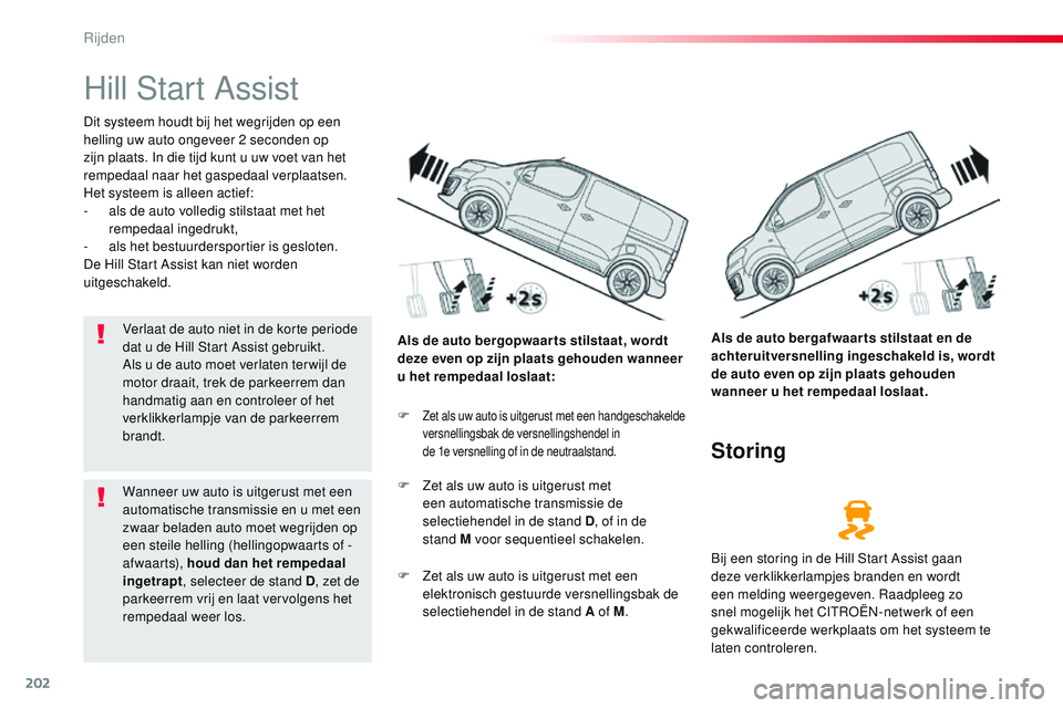 CITROEN JUMPER SPACETOURER 2017  Instructieboekjes (in Dutch) 202
Spacetourer-VP_nl_Chap06_conduite_ed01-2016
Hill Start Assist
Dit systeem houdt bij het wegrijden op een 
helling uw auto ongeveer 2 seconden op 
zijn plaats. In die tijd kunt u uw voet van het 
r