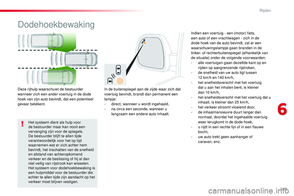 CITROEN JUMPER SPACETOURER 2017 Instructieboekjes (in Dutch) 249
Spacetourer-VP_nl_Chap06_conduite_ed01-2016
Dodehoekbewaking
In de buitenspiegel aan de zijde waar zich dat
voertuig bevindt, brandt dan permanent een
lampje:
-
d
irect, wanneer u wordt ingeha CITROEN JUMPER SPACETOURER 2017 Instructieboekjes (in Dutch) 249
Spacetourer-VP_nl_Chap06_conduite_ed01-2016
Dodehoekbewaking
In de buitenspiegel aan de zijde waar zich dat
voertuig bevindt, brandt dan permanent een
lampje:
-
d
irect, wanneer u wordt ingeha