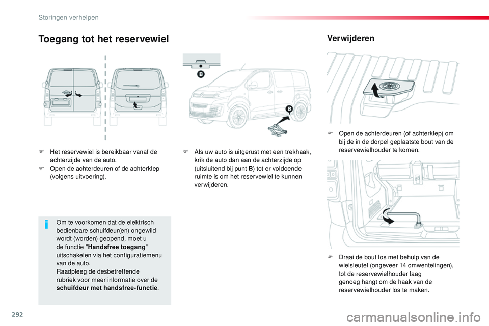 CITROEN JUMPER SPACETOURER 2017 Instructieboekjes (in Dutch) 292
Spacetourer-VP_nl_Chap08_En-cas-de-panne_ed01-2016
F Het reservewiel is bereikbaar vanaf de achterzijde van de auto.
F
O
pen de achterdeuren of de achterklep
(volgens uitvoering). F
O
pen d CITROEN JUMPER SPACETOURER 2017 Instructieboekjes (in Dutch) 292
Spacetourer-VP_nl_Chap08_En-cas-de-panne_ed01-2016
F Het reservewiel is bereikbaar vanaf de achterzijde van de auto.
F
O
pen de achterdeuren of de achterklep
(volgens uitvoering). F
O
pen d