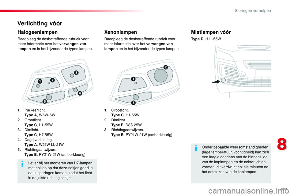 CITROEN JUMPER SPACETOURER 2017 Instructieboekjes (in Dutch) 299
Spacetourer-VP_nl_Chap08_En-cas-de-panne_ed01-2016
Verlichting vóór
Xenonlampen
Raadpleeg de desbetreffende rubriek voor
meer informatie over het vervangen van
lampen en in het bijzonder de ty CITROEN JUMPER SPACETOURER 2017 Instructieboekjes (in Dutch) 299
Spacetourer-VP_nl_Chap08_En-cas-de-panne_ed01-2016
Verlichting vóór
Xenonlampen
Raadpleeg de desbetreffende rubriek voor
meer informatie over het vervangen van
lampen en in het bijzonder de ty