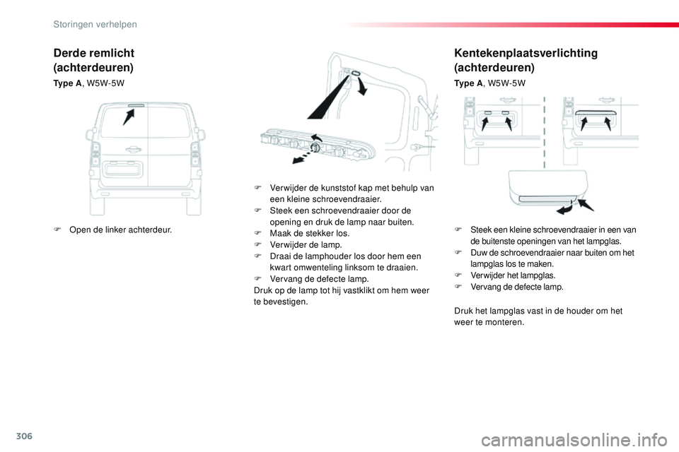 CITROEN JUMPER SPACETOURER 2017 Instructieboekjes (in Dutch) 306
Spacetourer-VP_nl_Chap08_En-cas-de-panne_ed01-2016
Kentekenplaatsverlichting
(achterdeuren)
Ty p e A, W5W-5W
F
V
er wijder de kunststof kap met behulp van
een kleine schroevendraaier.
F
S
CITROEN JUMPER SPACETOURER 2017 Instructieboekjes (in Dutch) 306
Spacetourer-VP_nl_Chap08_En-cas-de-panne_ed01-2016
Kentekenplaatsverlichting
(achterdeuren)
Ty p e A, W5W-5W
F
V
er wijder de kunststof kap met behulp van
een kleine schroevendraaier.
F
S