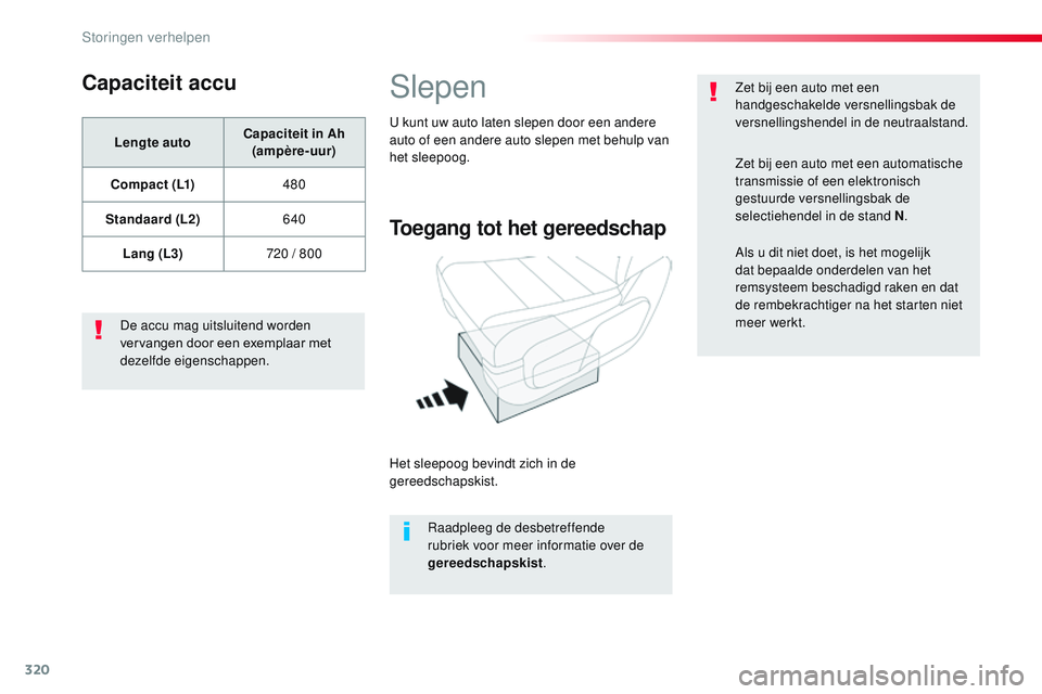 CITROEN JUMPER SPACETOURER 2017 Instructieboekjes (in Dutch) 320
Spacetourer-VP_nl_Chap08_En-cas-de-panne_ed01-2016
Capaciteit accu
Lengte autoCapaciteit in Ah
(ampère-uur)
C o m p a c t ( L1) 480
Standaard (L2) 640
Lang (L3) 720 / 800
De accu mag uitsluiten CITROEN JUMPER SPACETOURER 2017 Instructieboekjes (in Dutch) 320
Spacetourer-VP_nl_Chap08_En-cas-de-panne_ed01-2016
Capaciteit accu
Lengte autoCapaciteit in Ah
(ampère-uur)
C o m p a c t ( L1) 480
Standaard (L2) 640
Lang (L3) 720 / 800
De accu mag uitsluiten