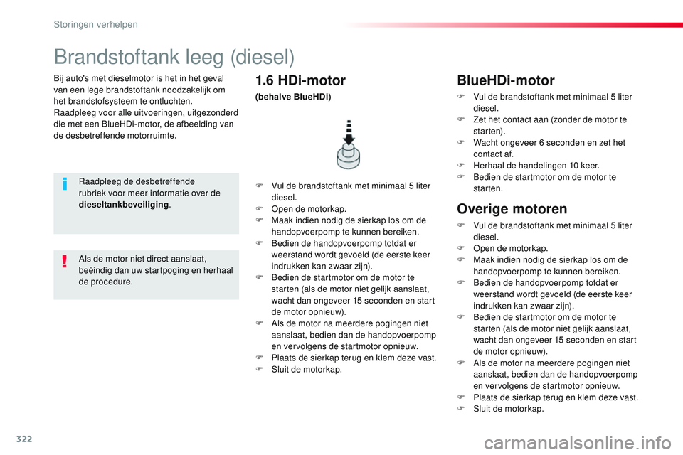 CITROEN JUMPER SPACETOURER 2017 Instructieboekjes (in Dutch) 322
Spacetourer-VP_nl_Chap08_En-cas-de-panne_ed01-2016
Bij auto's met dieselmotor is het in het geval
van een lege brandstoftank noodzakelijk om
het brandstofsysteem te ontluchten.
Raadpleeg voo CITROEN JUMPER SPACETOURER 2017 Instructieboekjes (in Dutch) 322
Spacetourer-VP_nl_Chap08_En-cas-de-panne_ed01-2016
Bij auto's met dieselmotor is het in het geval
van een lege brandstoftank noodzakelijk om
het brandstofsysteem te ontluchten.
Raadpleeg voo