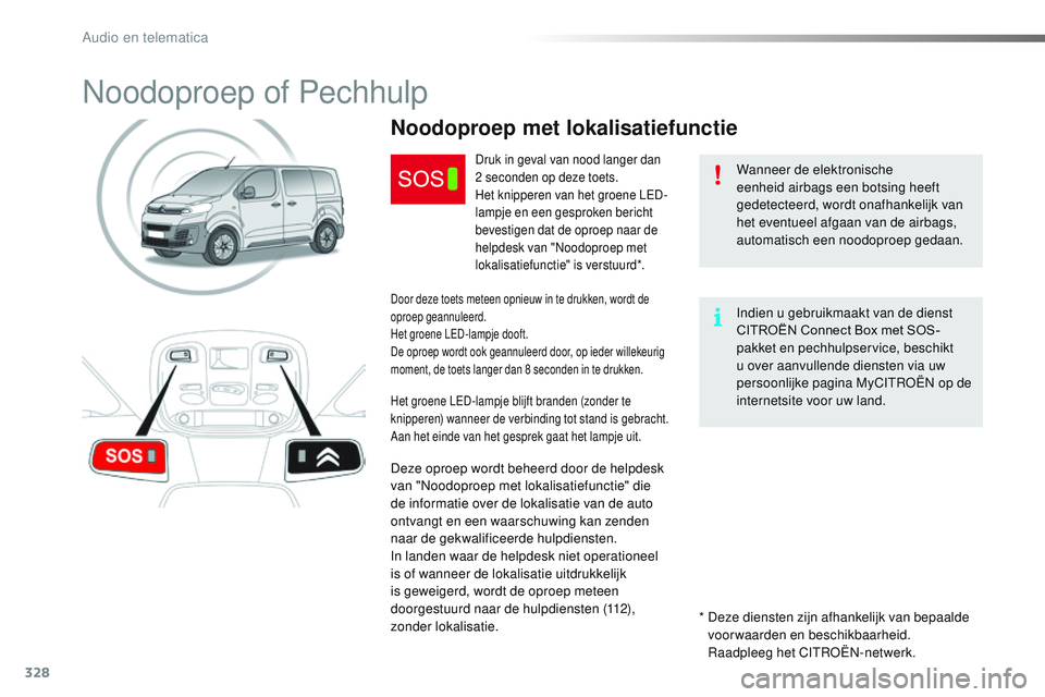 CITROEN JUMPER SPACETOURER 2017 Instructieboekjes (in Dutch) 328
Spacetourer-VP_nl_Chap10a_BTA_ed01-2016
Noodoproep of Pechhulp
Wanneer de elektronische
eenheid airbags een botsing heeft
gedetecteerd, wordt onafhankelijk van
het eventueel afgaan van de airba CITROEN JUMPER SPACETOURER 2017 Instructieboekjes (in Dutch) 328
Spacetourer-VP_nl_Chap10a_BTA_ed01-2016
Noodoproep of Pechhulp
Wanneer de elektronische
eenheid airbags een botsing heeft
gedetecteerd, wordt onafhankelijk van
het eventueel afgaan van de airba