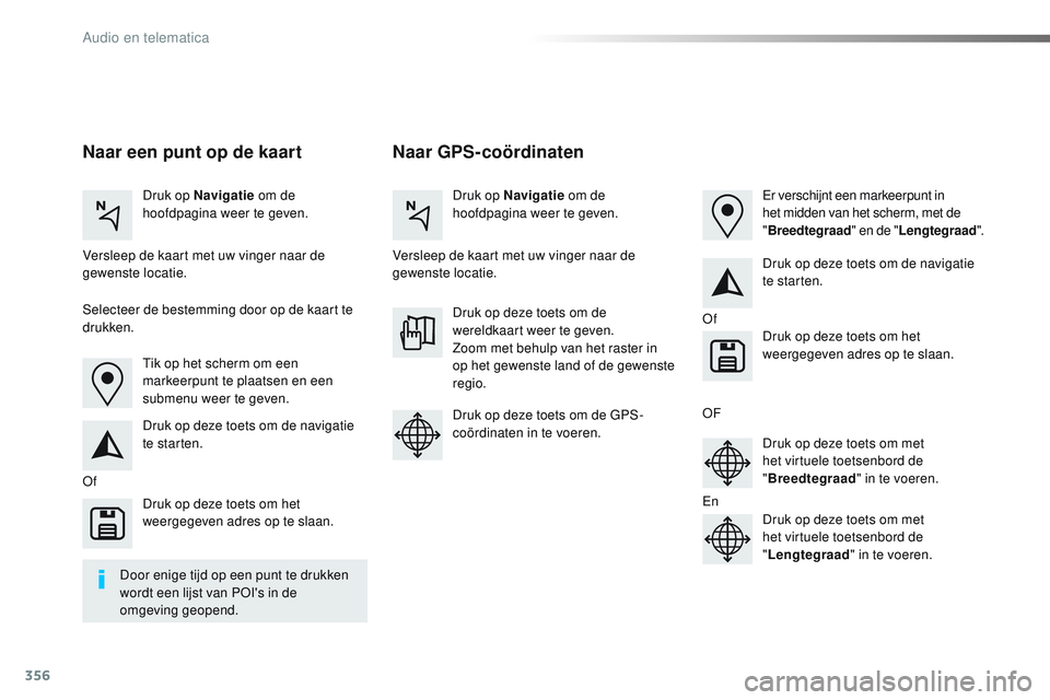 CITROEN JUMPER SPACETOURER 2017  Instructieboekjes (in Dutch) 356
Spacetourer-VP_nl_Chap10b_NAC-1_ed01-2016
Naar GPS-coördinaten
Naar een punt op de kaart
Druk op Navigatie  om de 
hoofdpagina weer te geven. Druk op Navigatie
 om de 
hoofdpagina weer te geven.

