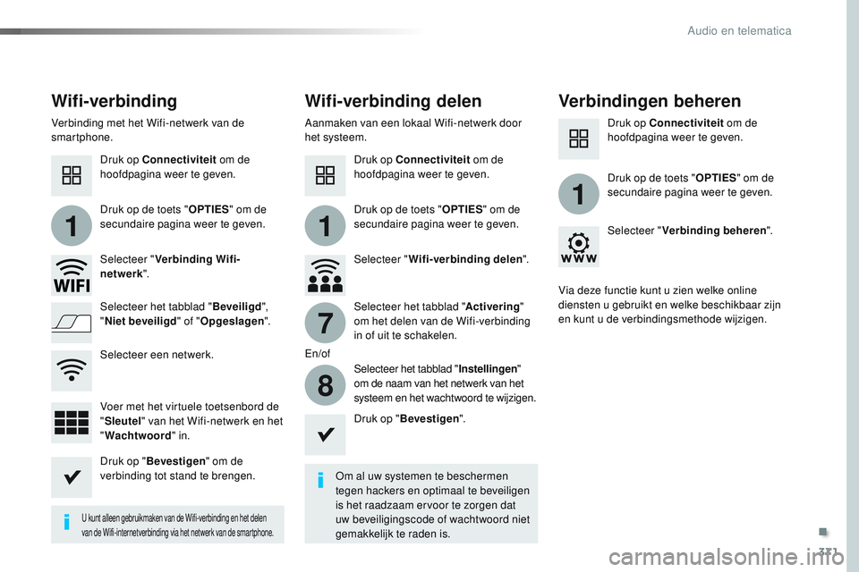CITROEN JUMPER SPACETOURER 2017  Instructieboekjes (in Dutch) 371
11
1
7
8
Spacetourer-VP_nl_Chap10b_NAC-1_ed01-2016
Wifi-verbindingWifi-verbinding delenVerbindingen beheren
Om al uw systemen te beschermen 
tegen hackers en optimaal te beveiligen 
is het raadzaa