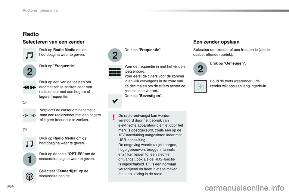 CITROEN JUMPER SPACETOURER 2017  Instructieboekjes (in Dutch) 384
1
2
2
2
Spacetourer-VP_nl_Chap10b_NAC-1_ed01-2016
Druk op Radio Media om de 
hoofdpagina weer te geven.
Druk op de toets " OPTIES" om de 
secundaire pagina weer te geven. Druk op " Fre