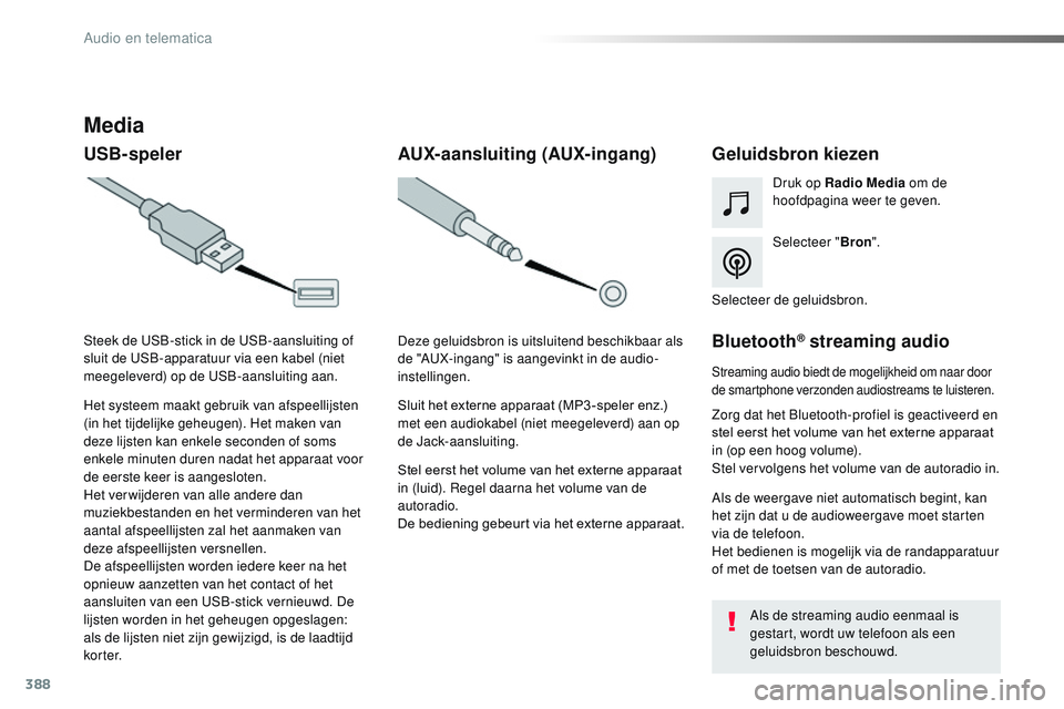 CITROEN JUMPER SPACETOURER 2017  Instructieboekjes (in Dutch) 388
Spacetourer-VP_nl_Chap10b_NAC-1_ed01-2016
Media
USB-spelerGeluidsbron kiezen
Selecteer "Bron".
Druk op Radio Media
 om de 
hoofdpagina weer te geven.
Het systeem maakt gebruik van afspeell