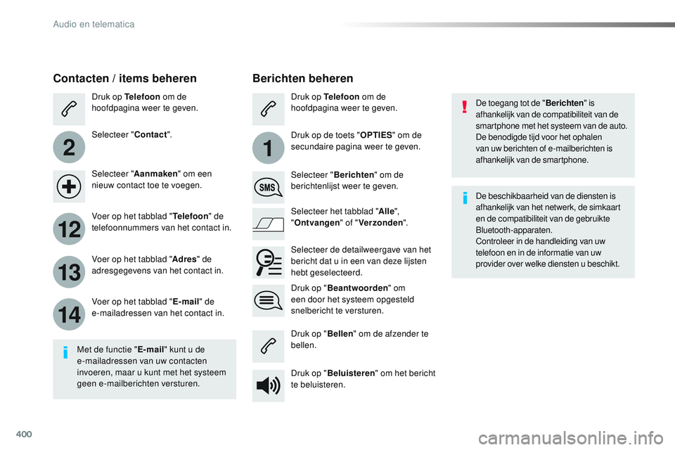 CITROEN JUMPER SPACETOURER 2017  Instructieboekjes (in Dutch) 400
2
12
13
14
1
Spacetourer-VP_nl_Chap10b_NAC-1_ed01-2016
De toegang tot de "Berichten" is 
afhankelijk van de compatibiliteit van de 
smartphone met het systeem van de auto.
De benodigde tij