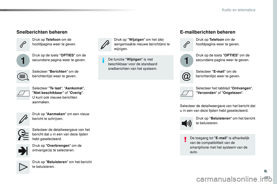 CITROEN JUMPER SPACETOURER 2017  Instructieboekjes (in Dutch) 401
11
Spacetourer-VP_nl_Chap10b_NAC-1_ed01-2016
E-mailberichten beheren
Druk op "Wijzigen" om het (de) 
aangemaakte nieuwe bericht(en) te 
wijzigen. Druk op Telefoon
 om de 
hoofdpagina weer 