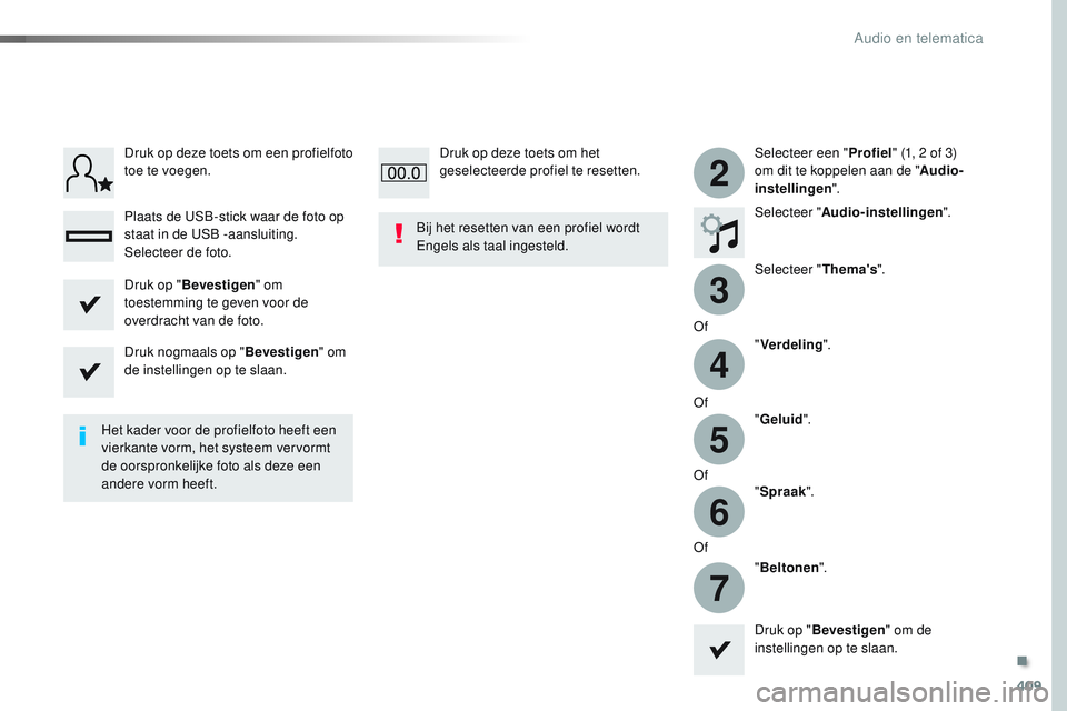 CITROEN JUMPER SPACETOURER 2017  Instructieboekjes (in Dutch) 409
3
2
4
5
6
7
Spacetourer-VP_nl_Chap10b_NAC-1_ed01-2016
Selecteer een "Profiel" (1, 2 of 3) 
om dit te koppelen aan de " Audio-
instellingen ".
Selecteer " Audio-instellingen 