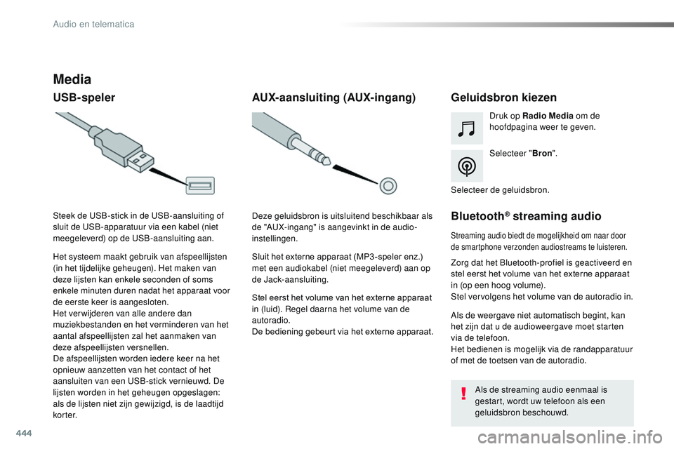 CITROEN JUMPER SPACETOURER 2017  Instructieboekjes (in Dutch) 444
Spacetourer-VP_nl_Chap10c_RCC-1_ed01-2016
Media
USB-spelerGeluidsbron kiezen
Selecteer "Bron".
Druk op Radio Media
 om de 
hoofdpagina weer te geven.
Het systeem maakt gebruik van afspeell