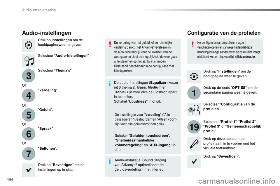 CITROEN JUMPER SPACETOURER 2017  Instructieboekjes (in Dutch) 464
3
4
5
6
7
1
19
Spacetourer-VP_nl_Chap10c_RCC-1_ed01-2016
Druk op "Instellingen " om de 
hoofdpagina weer te geven.
Configuratie van de profielenAudio-instellingen
Druk op Instellingen  om 