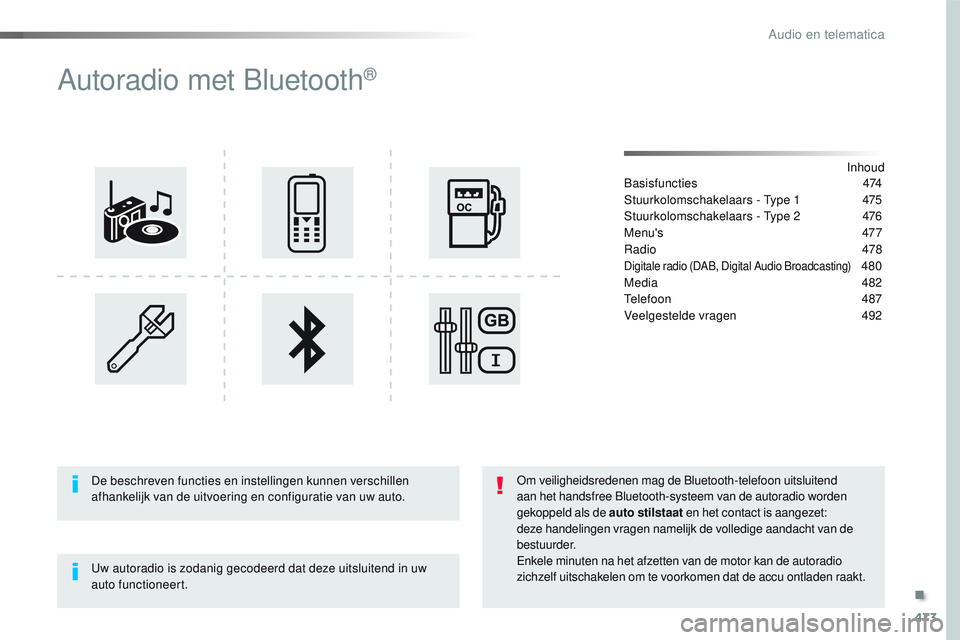 CITROEN JUMPER SPACETOURER 2017 Instructieboekjes (in Dutch) 473
Spacetourer-VP_nl_Chap10d_RD6_ed01-2016
Autoradio met Bluetooth®
Inhoud
Basisfuncties 474
Stuurkolomschakelaars - Type 1
4
75
Stuurkolomschakelaars - Type 2
4
76
Menu's
477
Radio
4 CITROEN JUMPER SPACETOURER 2017 Instructieboekjes (in Dutch) 473
Spacetourer-VP_nl_Chap10d_RD6_ed01-2016
Autoradio met Bluetooth®
Inhoud
Basisfuncties 474
Stuurkolomschakelaars - Type 1
4
75
Stuurkolomschakelaars - Type 2
4
76
Menu's
477
Radio
4
